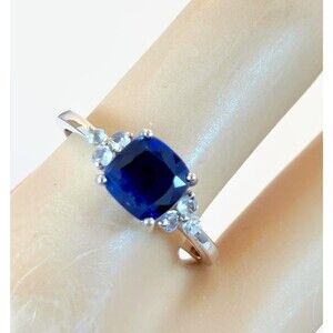 Blue Sapphire Ring, Sterling Silver, Vintage, CZs, Size 9